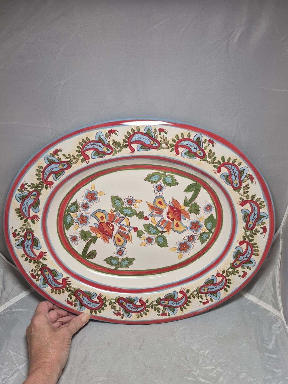 💥 Pottery Barn Sausalito Paisley Ceramic LARGE OVAL SERVING PLATTER 18” x 14.5”